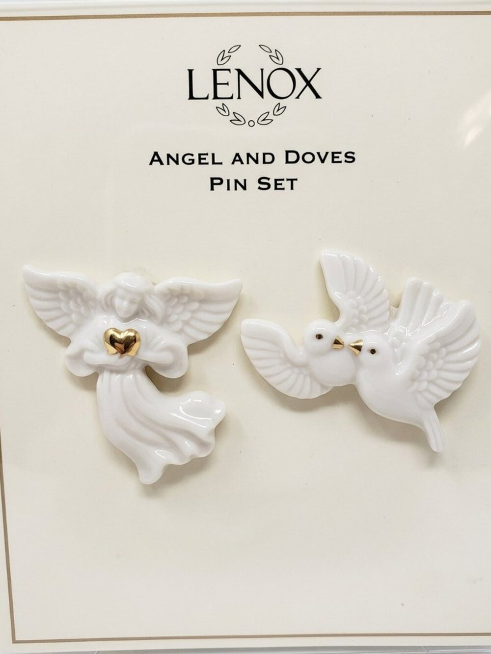 Lenox Angel and Doves Lapel Pin Set - Ivory Porcelain 24k Gold Accents NIB